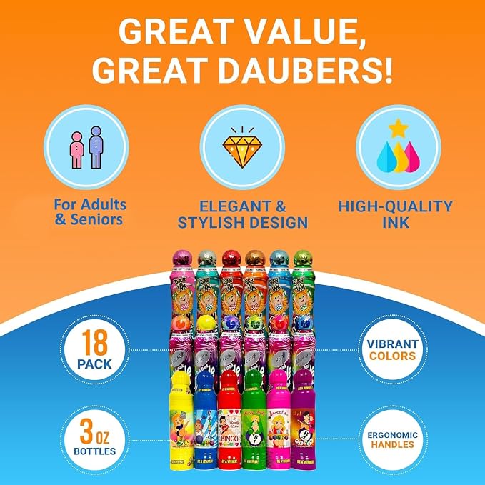 Lucky Lady Bingo Daubers Made with Dab-O-Ink, Sunsational and Dab-O-Ink Dazzle Glitter Combo Gift Set – 3 oz. 18 Pack, Versatile Ink Daubers - Bingo Markers for Adults and Seniors