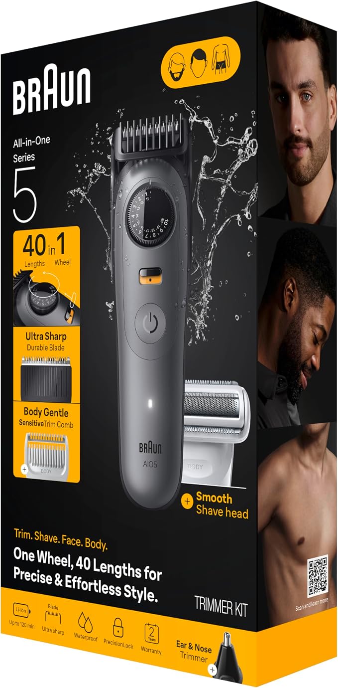 Braun Series 5 All-in-One Beard & Body Grooming Kit for Men, Cordless Trimmer, Hair Clippers & Shaver for Face, Hair & Body with Smooth Shave Head, AIO 5510