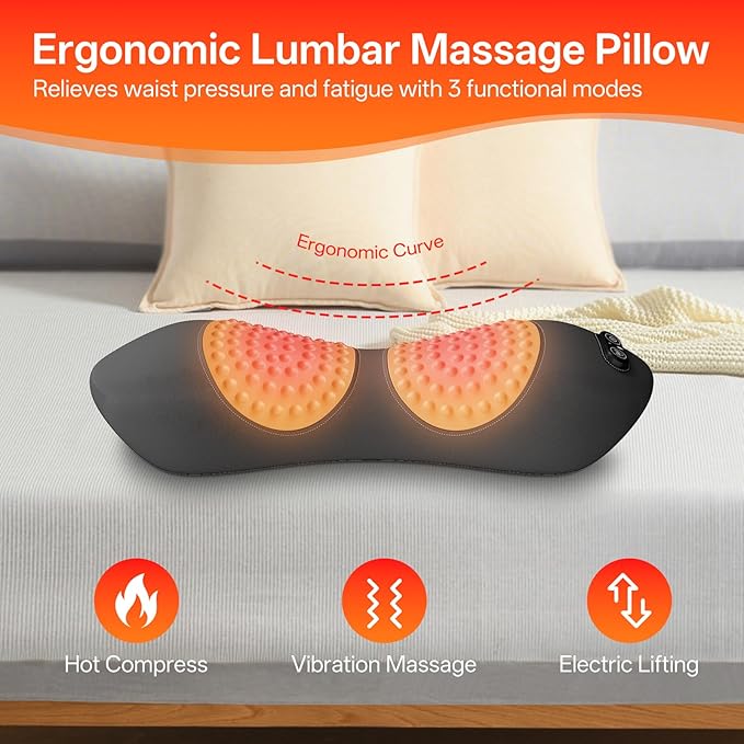 3-in-1 Electric Lumbar Support Pillow for Bed and Chair, Triple Fusion Back Massager with Heated, Vibration and Traction for Lower Back Pain Relief and Spine Support
