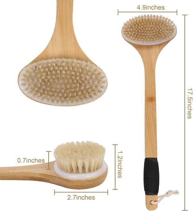 OWIIZI Back Scrub Brush for Shower,Stiff Boar Bristles Bamboo Curved Long Handle Antiskid Body Bath Brush for Back Use Wet or Dry,Deep Cleanse Large Surface Back Scrubber | 17.5" Bamboo Curved Long Handle Bath Brushes,Large Surface Deep Cleanse Back Sc...
