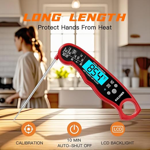 Instant Read Meat Thermometer, Digital Food Thermometer with 4.6" Folding Probe, IP67 Waterproof, Backlight & Calibration, 2-3s Fast Reading for Kitchen Grilling BBQ Cooking Candy - Red