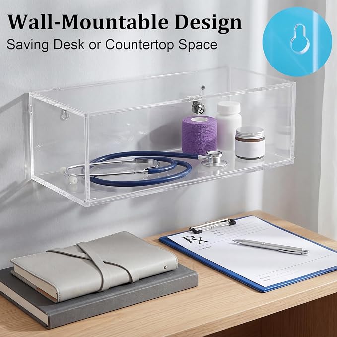 JUXYES Acrylic Clear Refrigerator Medicine Organizer Box with Lid and Lock for Wall and Tabletop - Transparent Medicine Storage Bin - Stackable Fridge Lockable Pill Container for Medical Supplies, L ﻿