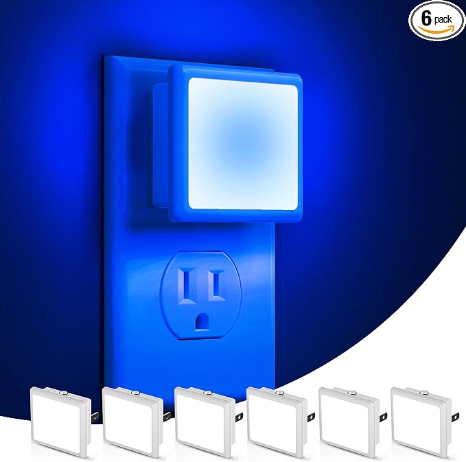L LOHAS LED Blue Night Lights Plug into Wall 6-Pack, 0.3W Plug in Night Light, Dusk to Dawn, Bright Nightlight Auto-On/Off, for Adults Kids Room Bedroom Bathroom Hallway Kitchen, Non-Dim