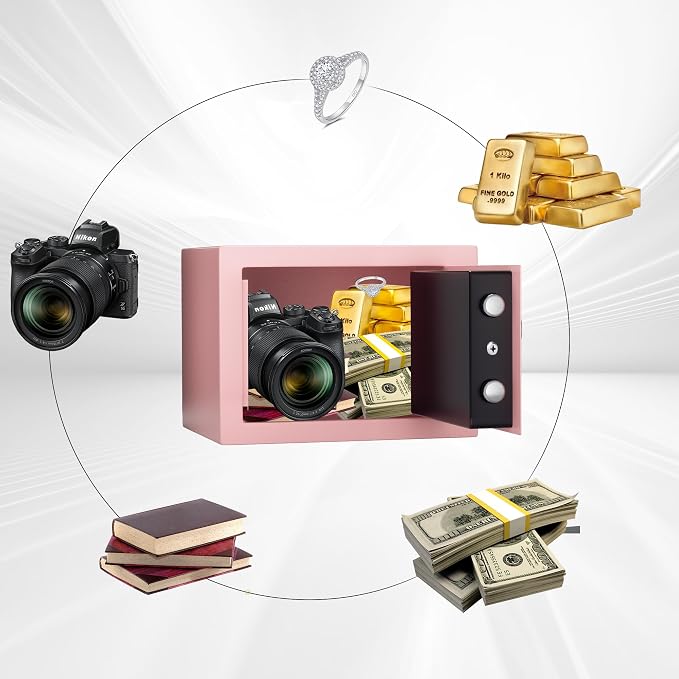 Digital Electronic Money Safe, Steel Security Lock Box with Keypad, Office Hotel Business Jewelry Gun Cash Safe, 0.23 Cubic Feet, 9.06" W x 6.69" D x 6.69" H（pink）