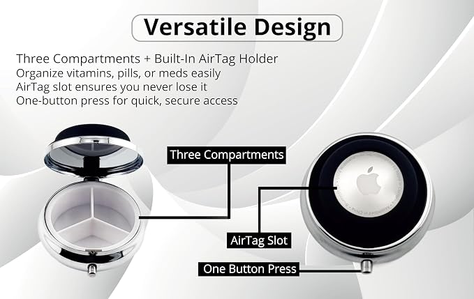 Portable Pill Organizer with AirTag Holder | Metal & Plastic Construction Case | Three Compartments Durable Case | Container Dispenser Holder for Medicine | Silver, Black - Travel Size