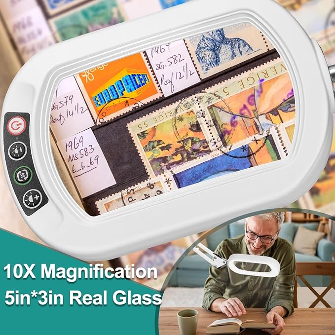 10X Rectangle Magnifying Glass with Light, 5 Color Modes Stepless Dimmable Magnifier with Stand, LED Lighted Clamp Desk Lamp with Swing Arm, Hands Free for Reading Painting Close Work - White