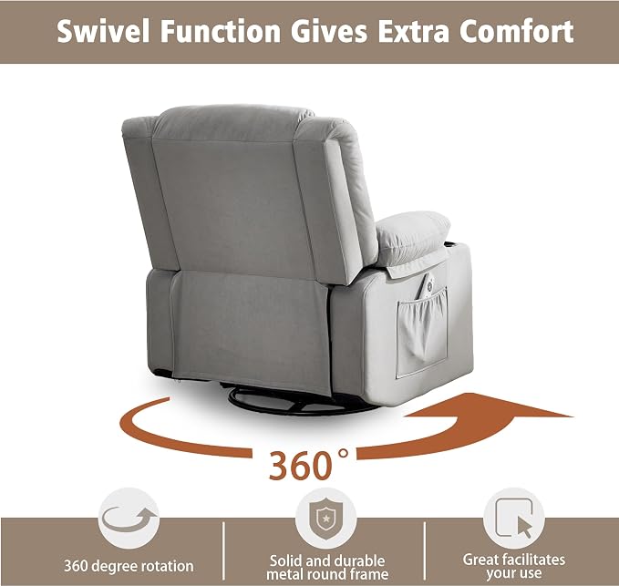 Ketaiyou Swivel Rocker Recliner Chair for Adults with Massage and Heat, Cup Holders and Side Pockets, Glider Rocking Reclining Single Sofa Chair for Living Room (L Grey)
