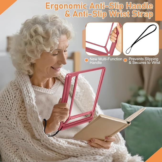 AKKYCVS 5X Full Page Magnifying Glass for Reading, Lightweight Rectangular Magnifier Provides Large Book Page Viewing Area, Handheld Magnifier for Reading Small Prints for Seniors, Low Vision-Red