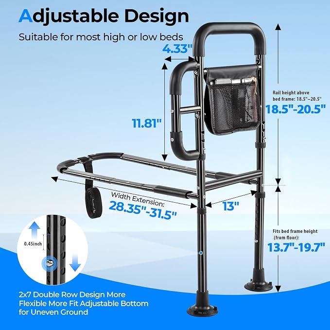 Bed Rails for Elderly Adults Safety, ASTM Tested 400 LBS Bed Assist Rail with Side Assist Handle, Ergonomic Foam Grip, Bed Cane for Seniors, Adjustable Height Thickened Carbon Steel Frame (Black)