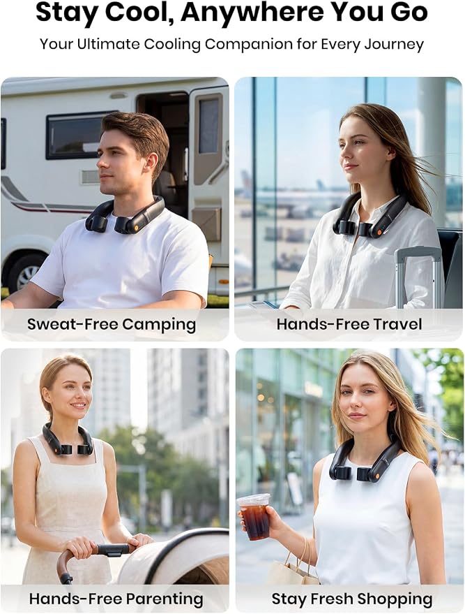 Warmco N4 5200mAh Rechargeable Neck Fan for Travel and Outdoor Use | 11-15H Runtime, 7m/s Airflow, 60° Dual Vents, Hands-Free Wear, Soft Silicone Neck Rest, LED Indicator