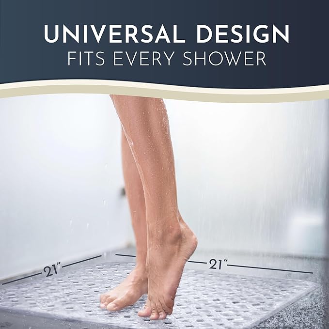 homerella® Shower Mat Non Slip Anti Mold, Non Slip Shower Mats for Inside Shower Stall Anti Slip Mat, Square Shower Floor Mat 21 x 21 in with Suction Cups & Hooks for Quick Drying, Machine Washable