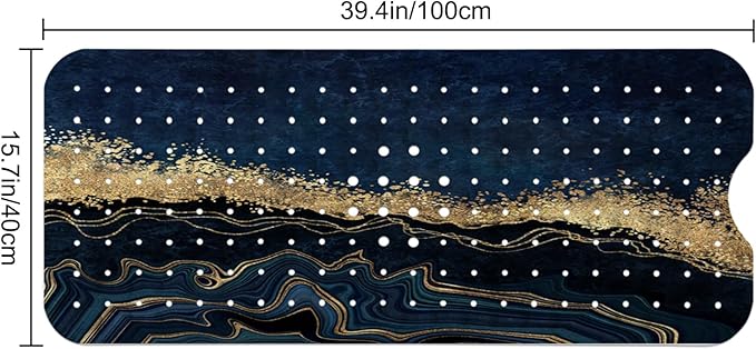 LNOND Marble Bath Tub Mat Non Slip, Extra Long 40 X 16 Inch Anti Slip Mat for Bathtub, Blue Luxury Marble Shower Mat with Drain Holes and Suction Cups, Machine Washable