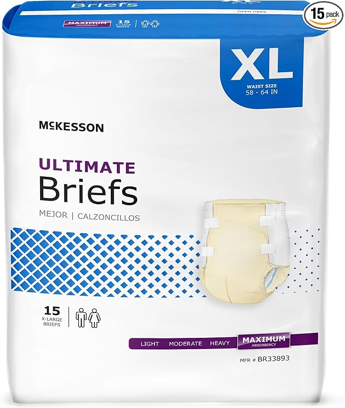 McKesson Ultimate Briefs, XL, Maximum Absorbency, Unisex, 64 in, 15 ct | Disposable, Elastic Leg Gathers and Contoured Fit for Men and Women, Incontinence