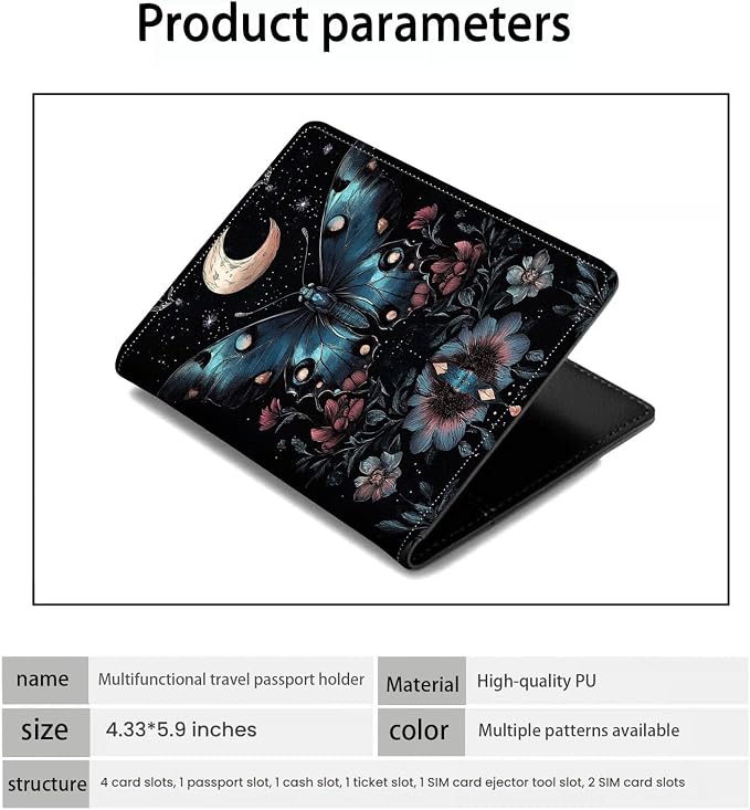 Passport Holder Wallet Cover Case,RFID Blocking Passport Cover,Large Capacity Travel Wallet with Multi Card Slots (Butterfly and Moon)