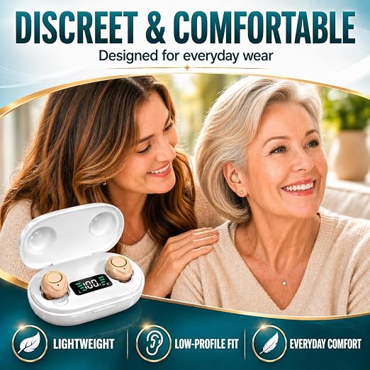Rechargeable Hearing Amplifier for Seniors with Charging Case – Clear Sound for Conversations & TV Listening, Noise Reduction, Easy Volume Control, Comfortable In-Ear Design（Beige）