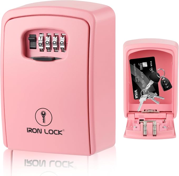 Iron Lock® XXL Wall Mount Key Lock Box, Outdoor Combination Code (Pink) | Fits 20-30 spares plus fobs & cards; unique built-in tray so keys don't fall out; dial cover; screws & anchors included