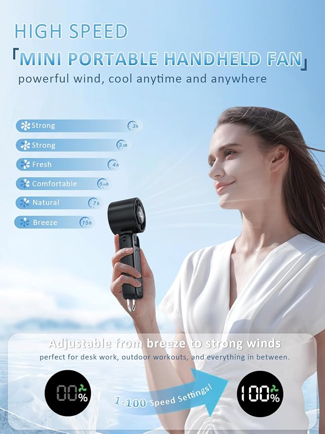 Handheld Fan, Portable Fan, 1-100 Speed Adjustable Turbo Fan, 5000mAh Rechargeable Mini Personal Fan with Foldable Design and LED Display for Travel, Office, Home and Outdoor Use Blue