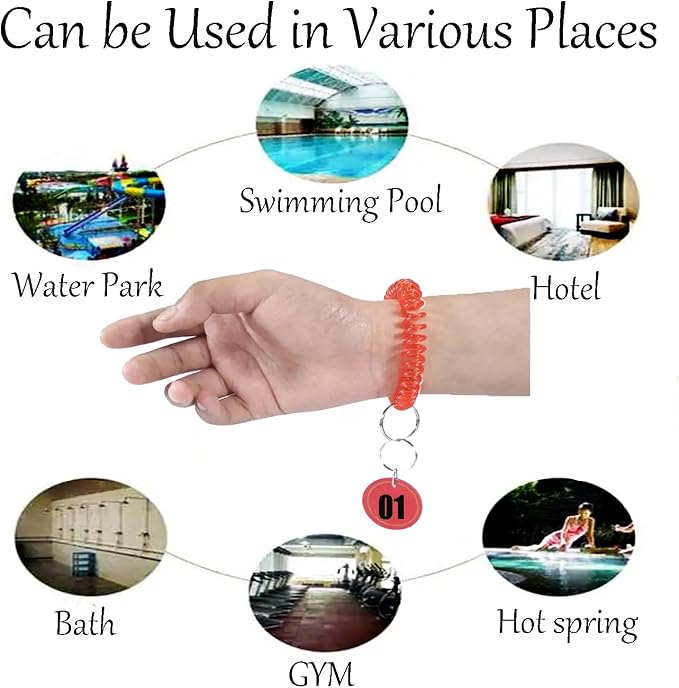 10 Pieces Wrist Coil Keychain Spiral Key Ring, Clear Red | Wristband Bracelet Key Holder for Pool Gym ID Badge