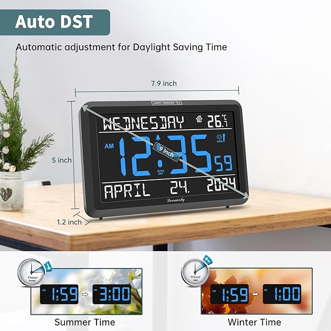DreamSky Large Digital Clock with Date and Day of Week for Seniors | Electric Desk Clock for Elderly, Bedroom Alarm Clock with Battery Backup, Dimmer, USB, Auto DST, Temperature, Volume Control