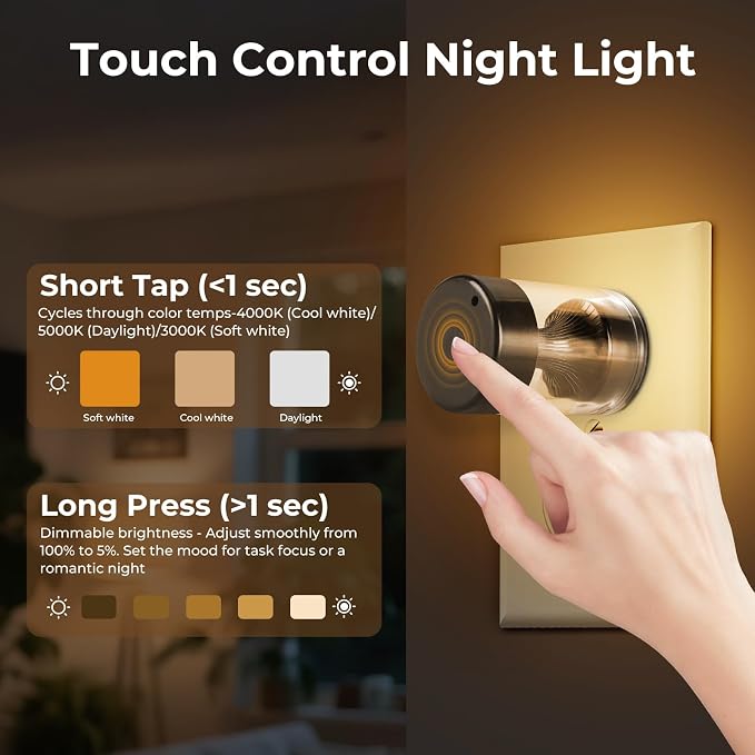 GEPLAD Dimmable LED Night Light Plug in Wall, Touch Control & 3-Color Temperature (3000K-5000K) Nightlight with Dusk to Dawn Sensor, IP65 Waterproof for Bathroom,Nursery,Kids Hallway,Stairs 2 Pack