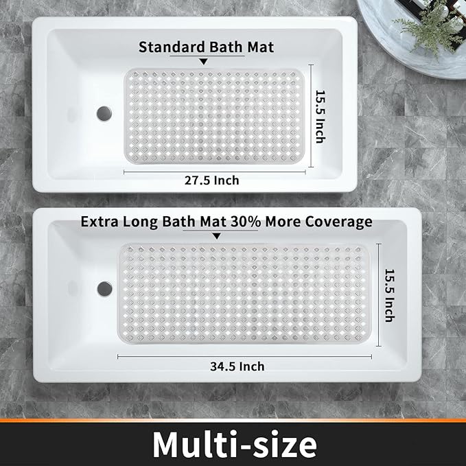 Yimobra Bathtub Mat Non Slip, Super Strong Suction Cups, 27.5"x15.5" Long Shower Mat with Drain Holes, Machine Washable Fast Draining Bath Mats, Bathroom Essentials,Clear