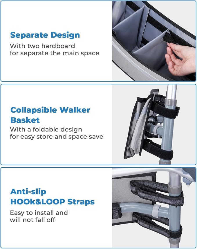 JOYTUTUS Walker Basket for Seniors, Basket for Walkers with Cup Holder, with Two Split Board, Foldable Walker Storage Bag, Best Gift for Family and Friends, Gray (Not Fit Rollator Walkers)