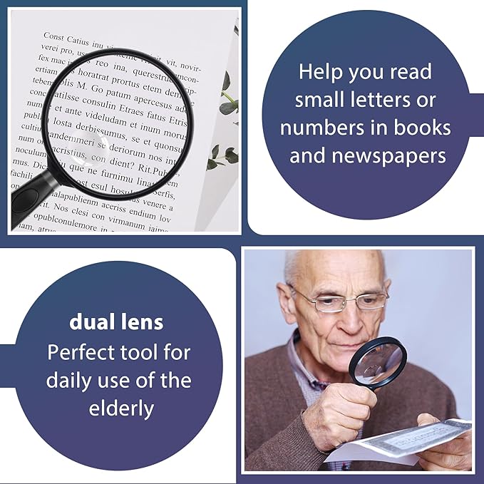 Feosky Handheld Reading Magnifier, 10X Magnifier, 90mm Shatterproof Lens, Non-Slip Handle for Adults Close Work, Seniors Reading and Nature Exploration, Hobby Observation(Black)