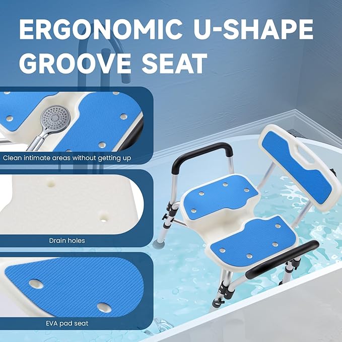 U-Shape Seat Shower Chair for Elderly and Disabled, 600lbs Heavy Duty, Aluminum Alloy, Blue