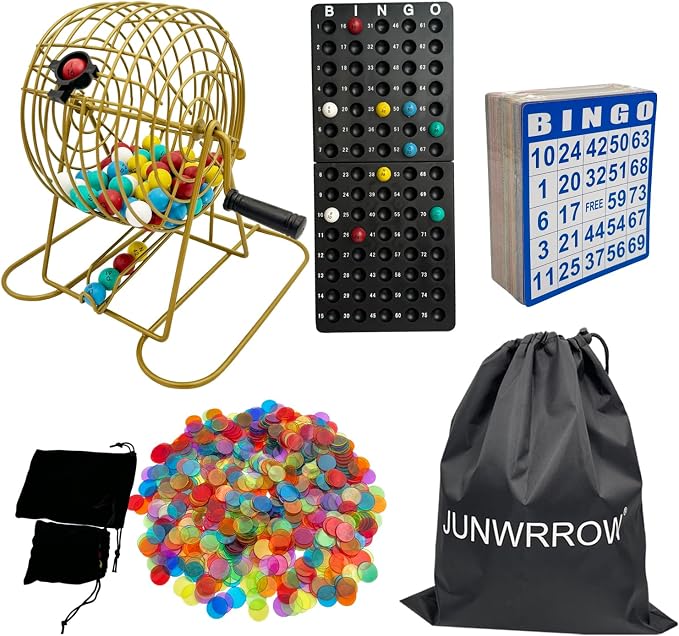 JUNWRROW Deluxe Bingo Set -Includes Antique Gold Metal Rotary Cage with Storage Bag,100 Mixed Cards, 600 Colorful Chips,75 Calling Balls,Master Board&2 Velvet Bag for Parties, Classroom, Large Groups