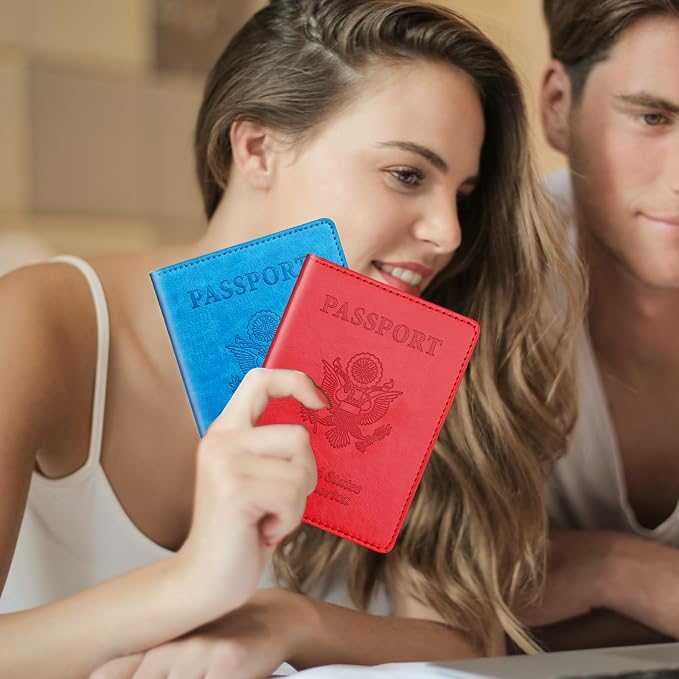 Sky Blue & Red Passport Holder Wallet Cover Case for Family Women Men, Cruise Essentials Travel Must Haves Passport Book Protector
