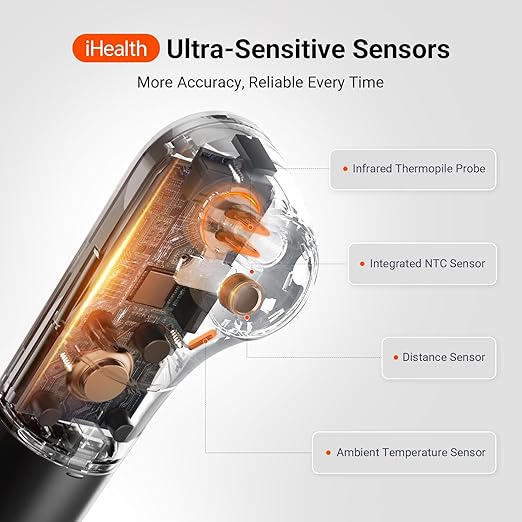 iHealth No-Touch Forehead Thermometer for Adults, Babies, Kids PT3 Black | 1s Fast Accurate, 3 Ultra-Sensitive Sensors, Quiet Vibration Feedback, Digital Large LED Digits, Use for Home & Nurses