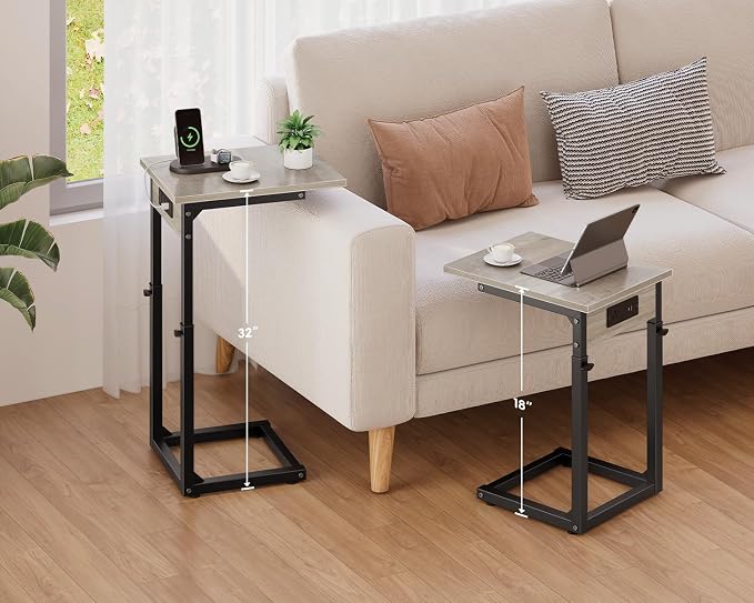 C Shaped End Table with Charging Station, Adjustable Height Side Table for Couch, C Table End Table Couch Table that Slide Under, Sofa Table TV Tray Arm Tables for Living Room, Bedroom, Gray