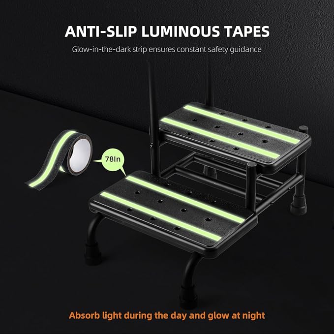 Step Stool with Handle, Non Slip Platform and Adjustable Handrail, Two Step Stool for Ederly, Adults and Handicap, Heavy Duty Foot Stool for High beds, Kitchen, Bathtub