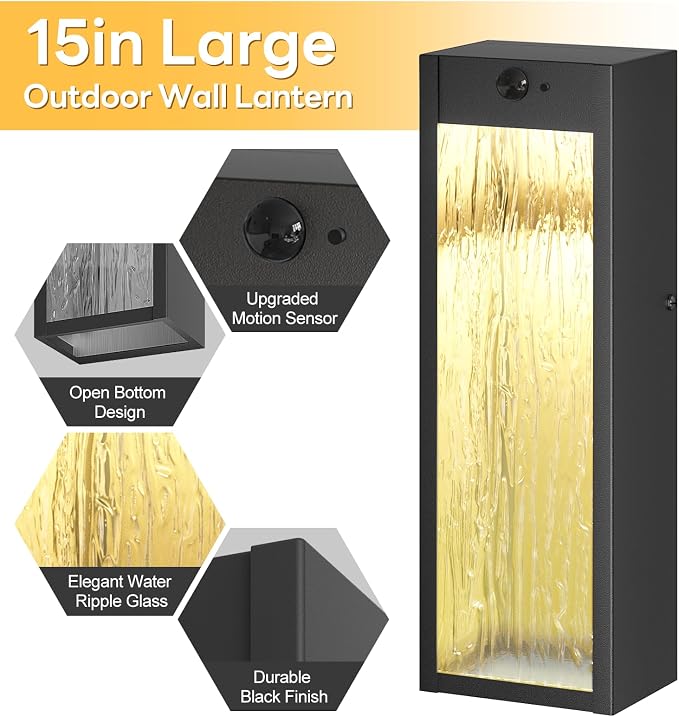 2 Pack LED Outdoor Wall Light 15in Dusk to Dawn Black Porch Light | Motion Sensor, 3 Lighting Modes, Water Ripple, Exterior Lighting Fixtures, Outside Lights Anti-rust for House Garage