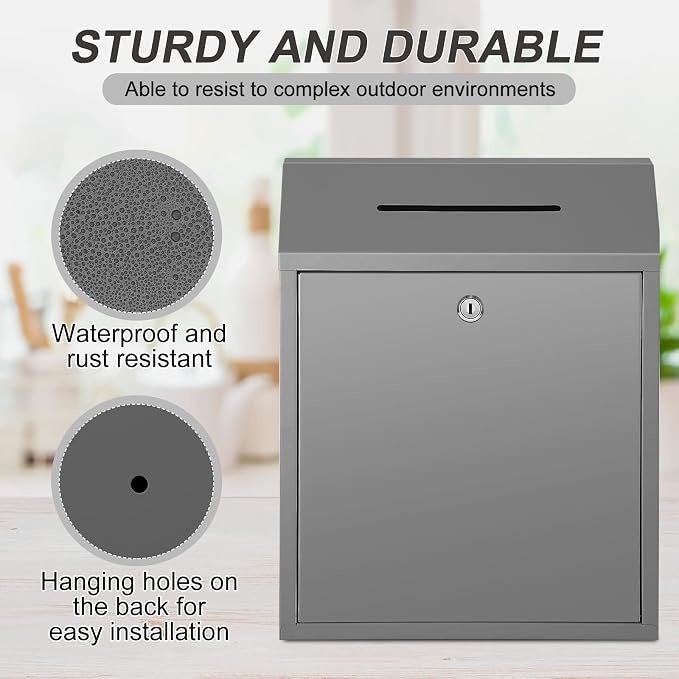 Yaocom Metal Money Box,Gray,15 x 12 x 4 Inch,No Lid | Wall Mounted Drop Donation Cash Box for Farm Stand Collection Safe Suggestion Box with Lock Container for Home Office Outdoor