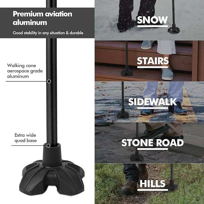 GPTCAMP G1 Walking Stick, Walking Cane for Women & Men with Wrist Strap, Lightweight & Sturdy Offset EVA Handle, Large Quad Base, Self Standing for Seniors and People with Injuries & Recovery
