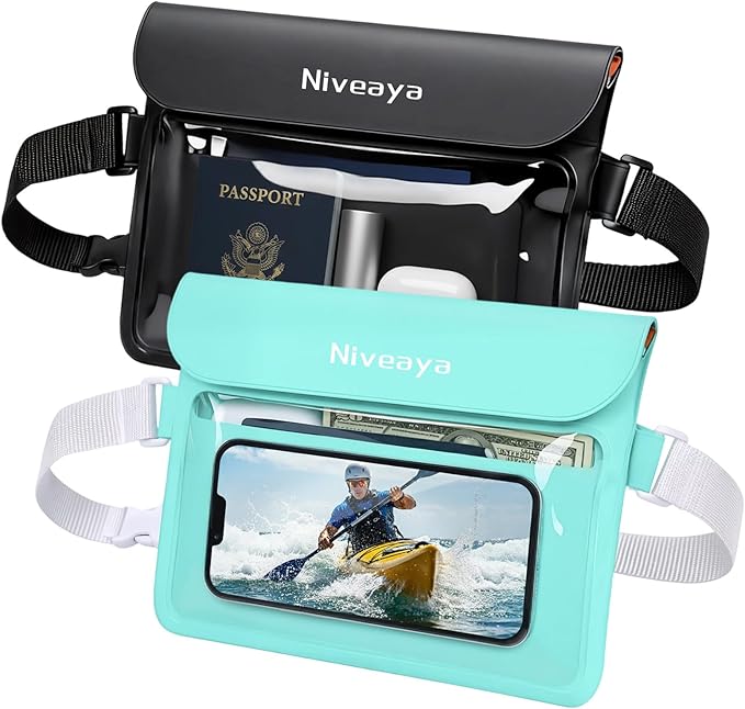 Niveaya IPX8 Waterproof Fanny Pack, Waterproof Pouch Dry Belt Bag for Beach, Kayaking, Swimming, Boat Travel Cruise Essentials, Waterproof Phone Bag Passport Holder for Women Men(2 Pack)