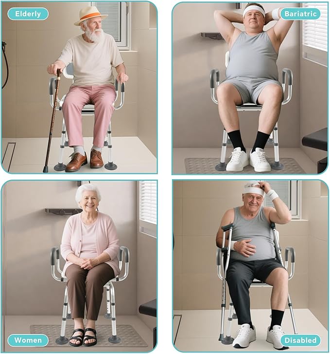 360° Swivel Shower Chair with Padded Arms and Back, Non-Slip Heavy Duty Bench Seat for Seniors, Disabled or Bariatric, Height Adjustable for Inside Shower Stall, Bath Tub, 400 lb Capacity