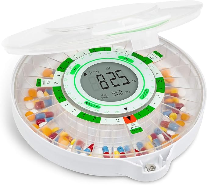 Live Fine Automatic Locking Pill Dispenser, 28 Day, Frosted Lid | Medicine Pill Organizer, Lockable Medicine Box, Pill Box with Alarm, Audio & Visual Alerts, Sliding Retrieval Window