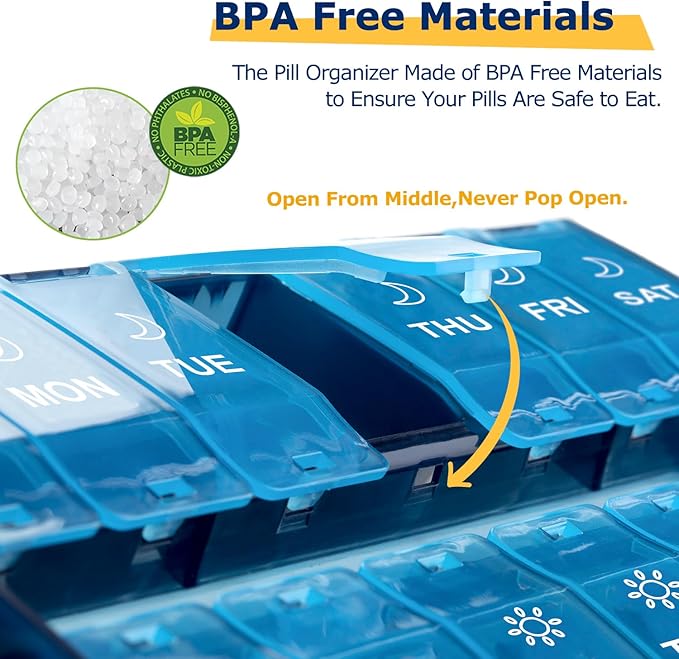 XL Large Weekly Pill Organizer 2 Times A Day, Hinged Lids Daily Vitamin Pill Box Holder Am Pm, Big Pill Container 7 Day, Medication Organizer Twice a Day, Medicine Organizer for Supplement