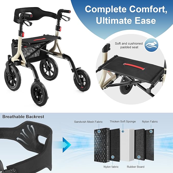 Walkers for Seniors, Rollator Walker with Seat, 12" Big Rubber Wheels All Terrain Rollator Walker with Backrest, Built-in Cable, Cup Holder, Foldable and Height Adjustment for Seniors, Gold