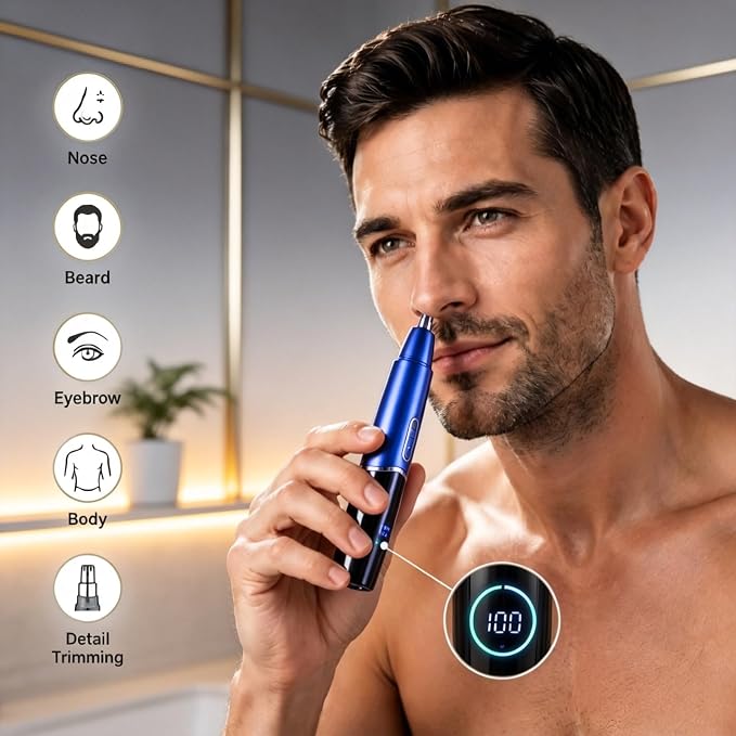 5-in-1 Rechargeable Nose & Ear Hair Trimmer - IPX7 Waterproof Dual Edge Grooming Kit for Men & Women, Perfect for Hair Removal of Nose, Eyebrows, Body, Facial Hair, Sapphire Blue