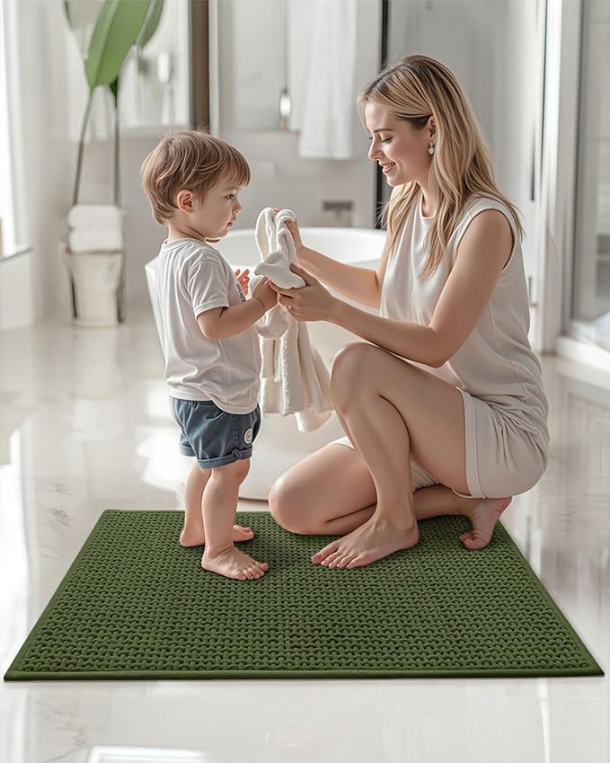 Color&Geometry Chenille Pile Large Bathroom Rugs Upgraded Denser, 24"x59" Non Slip Absorbent Green Bath Mats for Bathroom Thin Fit Under Door, Washable Quick Dry