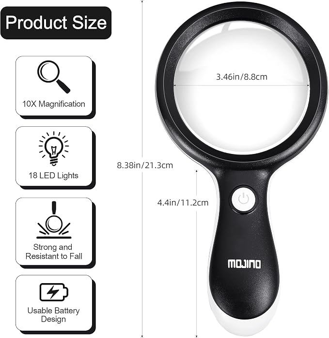10X Lighted Large Handheld Reading Magnifier Glasses | 18 LED Lights for Macular Degeneration, Seniors & Kids Reading, Inspection, Coins, Jewelry, Exploring