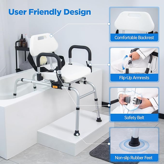 FSA/HSA Eligible Sliding Shower Chair Tub Transfer Bench with Swivel Seat, Rotating Shower Bench for Bathtub with Pivoting Armrests and Backrest for Elderly and Disabled