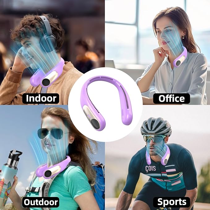Portable Neck Fan, Personal Wearable Bladeless Fan for Outdoor Indoor, LED Display, 360° Cooling, 4-Speeds, 6000mAh USB Rechargeable, Birthday Gifts for Men Women Dad Mom (Purple)