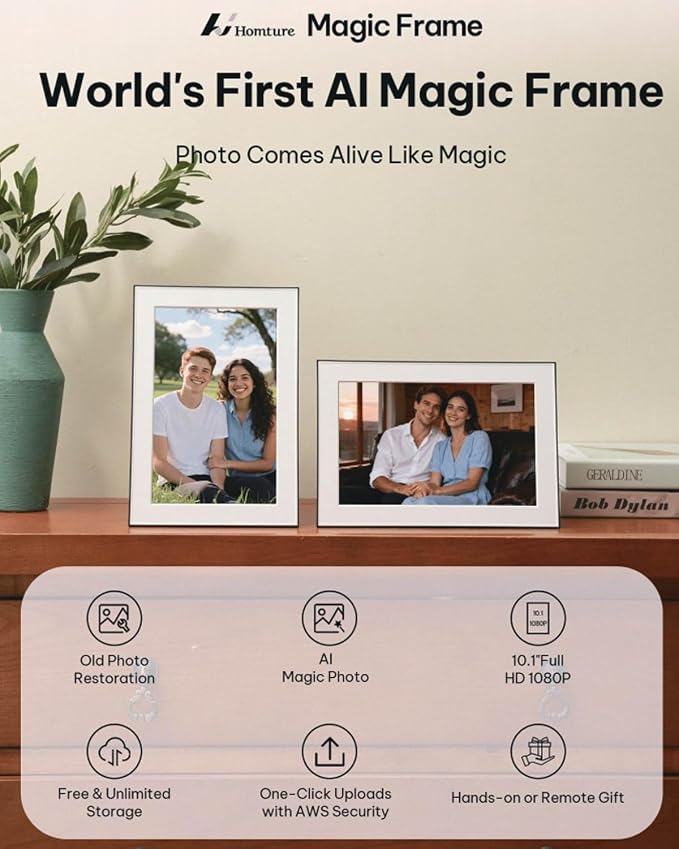 AI Magic Frame 10.1"-WiFi Digital Picture Frame with 64GB,1920 x 1200 IPS FHD Touchscreen,Motion Sensor,Dynamic AI Photo,Unlimited Cloud Storage, Gifts for Birthday/Family/Home Decor