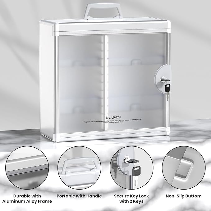 Medicine Cabinet with Key Lock - Aluminum Wall Mount Medication Lock Box with 4 Removable Trays & Handle, Secure Locking Medicine Storage Organizer for Home, School & Office (Silver, Large)