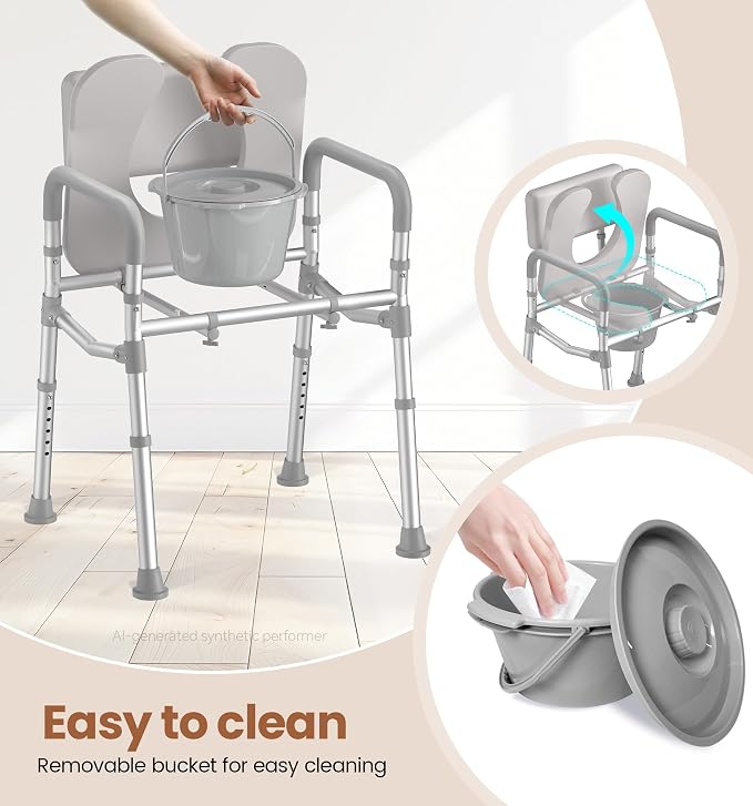 soundfuse Bedside Commode Toilet, Padded Seat and Backrest, Aluminum Frame | Height Adjustable, Dual-Crossbar, Portable Toilet for Seniors and Adults, Removable Potty Bucket, Tool-Free Assembly, 350 lbs
