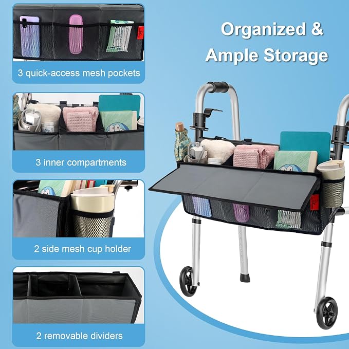 Extra Large Bariatric Walker Basket for 21"-26" Width Folding Walker/Rollators, Extra Wide Walker Storage Baskets with Cup Holder, Lid & Multiple Pocket, Easy to Use Walker Tote Bag for Seniors, Grey.